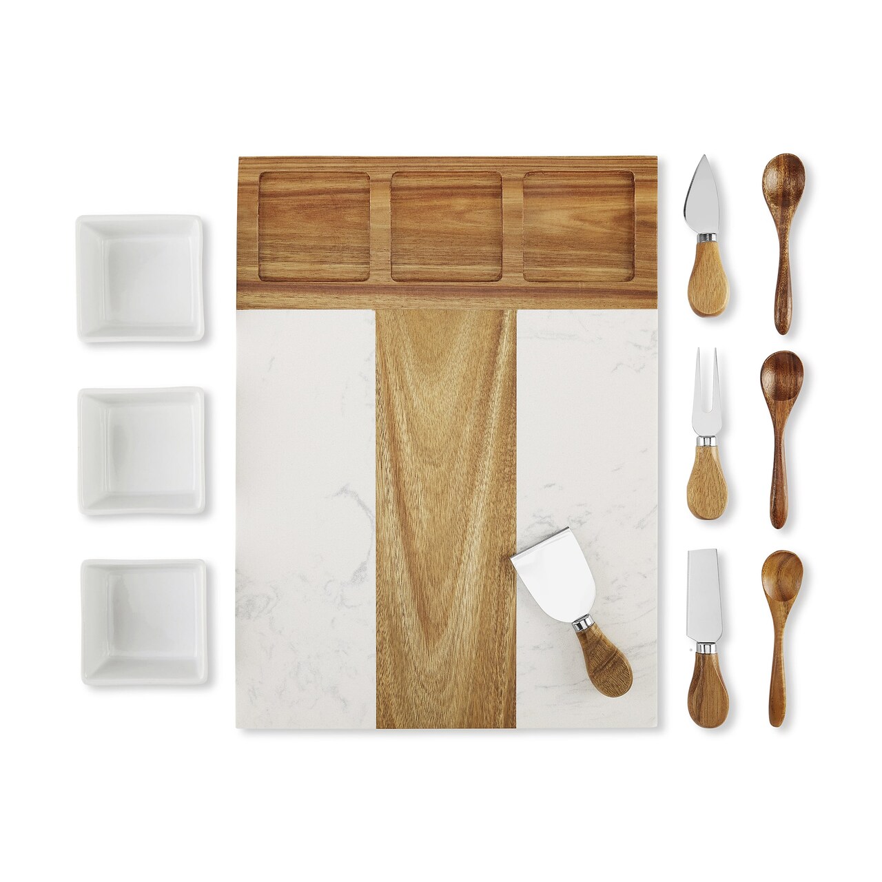 Makerflo Charcuterie Cheese Board Set 16.25" x 12" Acacia Wood Marble Design 3 Bowls, 3 Spoons, 4 Utensils for Craft & DIY Personalization - Laser Engraving, Epoxy, UV DTF, Vinyl Individually Wrapped